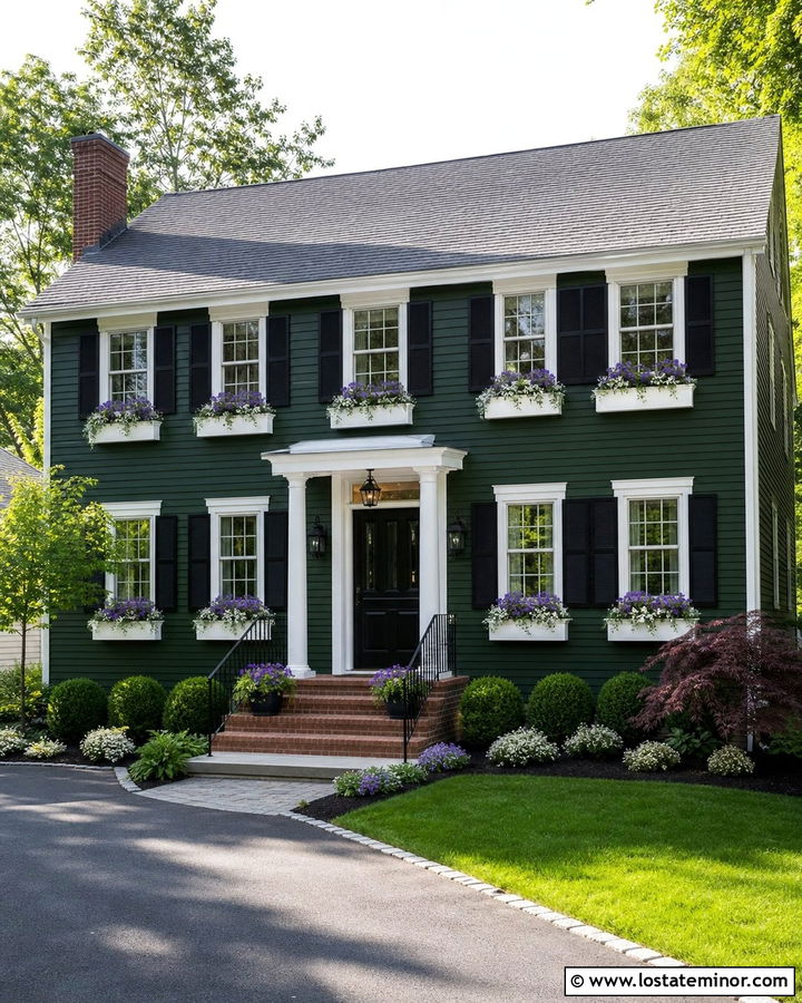 Hunter Green House With Black Door And White Window Boxes - 30 Hunter Green House Design With Window Boxes Ideas