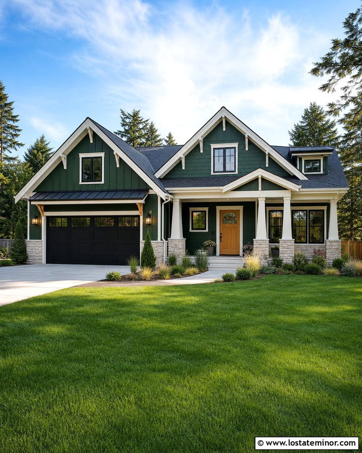 Hunter Green House With Black Garage Door - 30 Hunter Green House Design With Garage Door Ideas