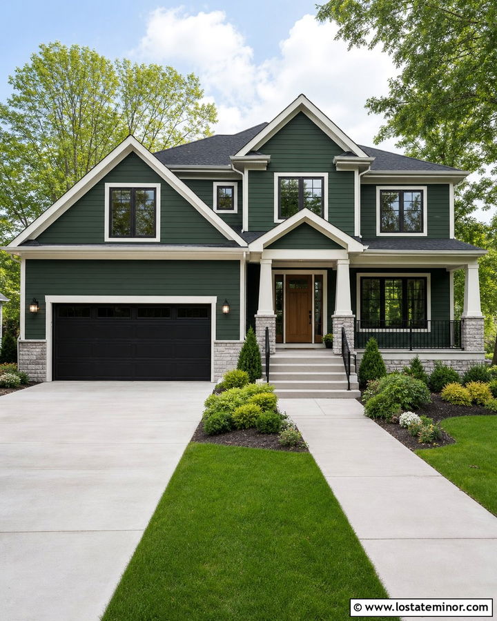 Hunter Green House With Black Garage Door - 30 Hunter Green House Design With Accents Ideas