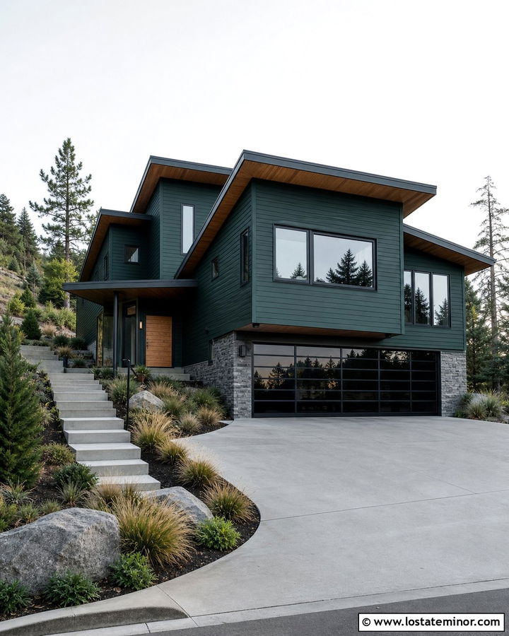 Hunter Green House With Black Glass Garage Door - 30 Hunter Green House Design With Garage Door Ideas