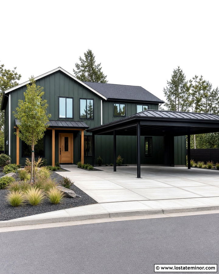 Hunter Green House With Black Metal Carport - 30 Hunter Green House Design With Carport Ideas