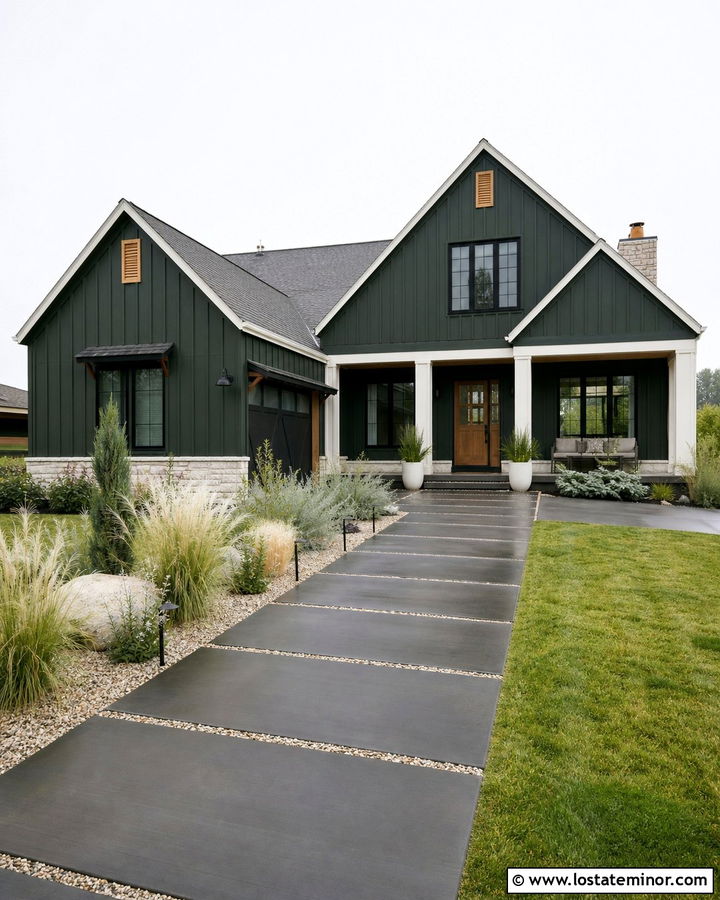 Hunter Green House With Black Paver Walkway - 30 Hunter Green House Design With Walkway Ideas