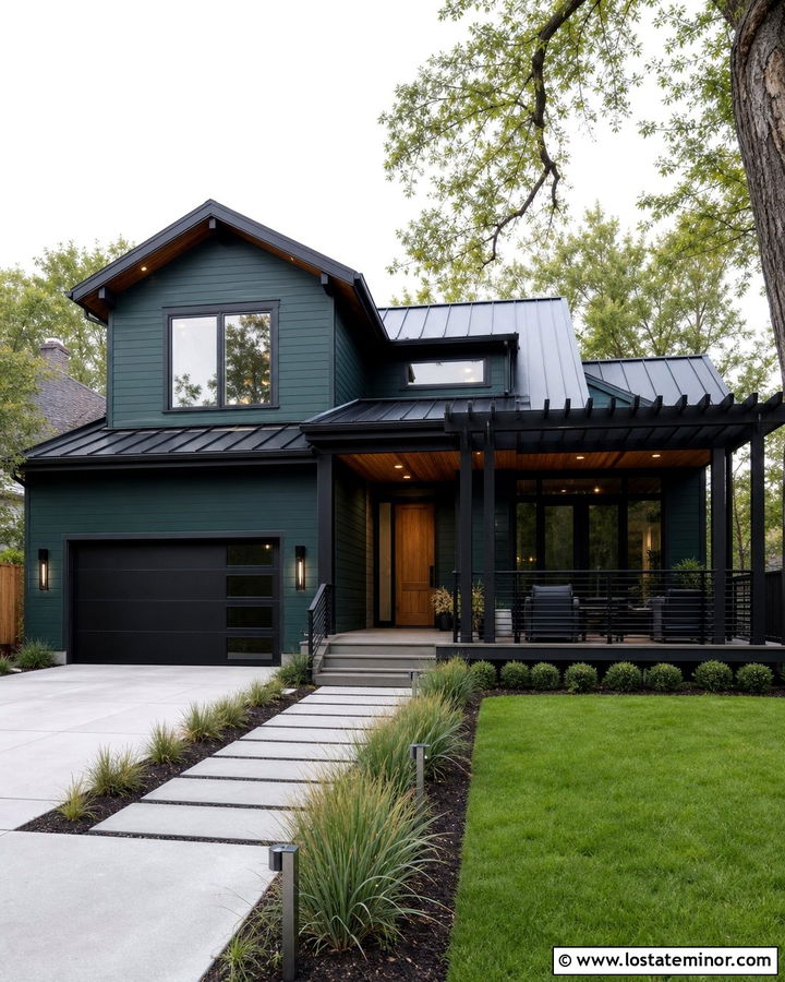 Hunter Green House With Black Pergola Deck - 30 Hunter Green House Design With Deck Ideas