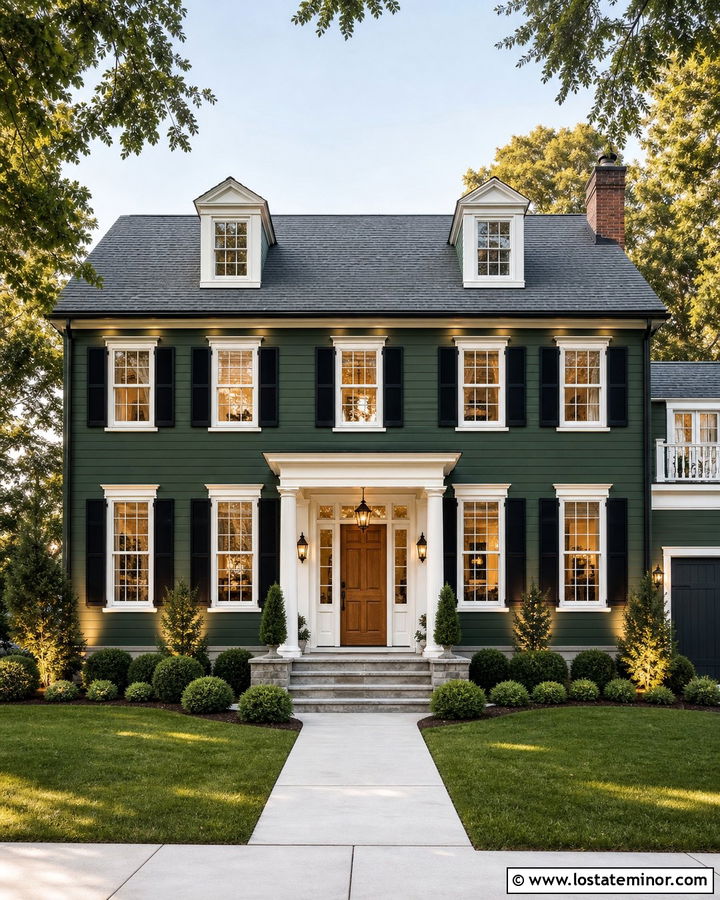 Hunter Green House With Black Shutters And Facade Lighting - 30 Hunter Green House Design With Lighting Ideas
