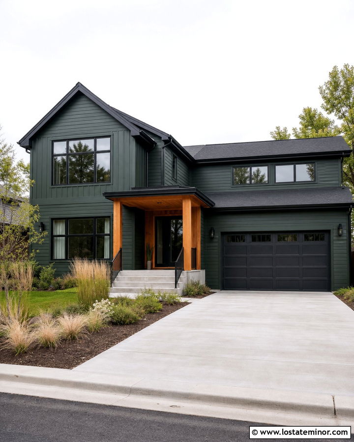 Hunter Green House With Black Trim And Cedar Accents - 30 Hunter Green House Design With Trim Ideas