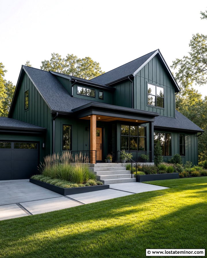 Hunter Green House With Black Trim And Concrete Steps - 30 Hunter Green House Design With Steps Ideas