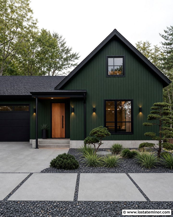 Hunter Green House With Black Trim And Cube Sconces - 30 Hunter Green House Design With Light Fixtures Ideas