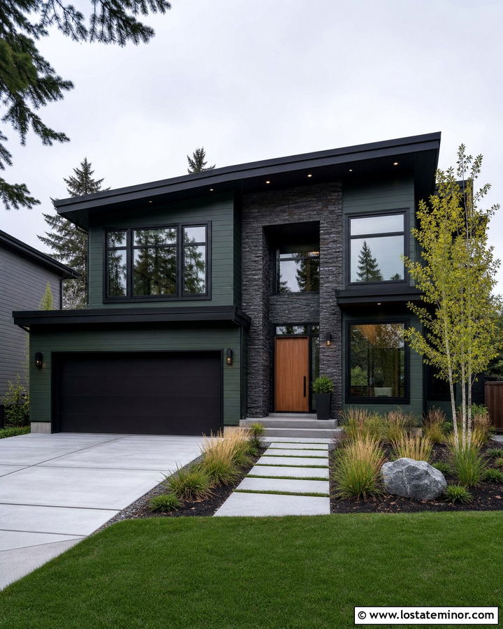 Hunter Green House With Black Trim And Ledgestone - 30 Hunter Green House Design With Stone Accents Ideas