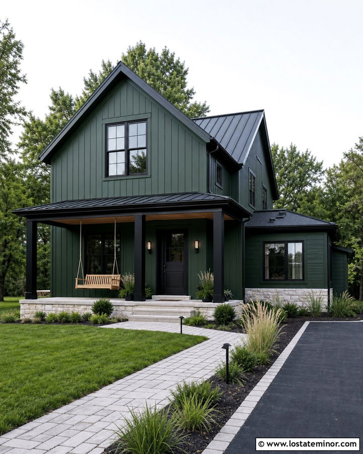 Hunter Green House With Black Trim And Swing - 30 Hunter Green House Design With Swing Ideas