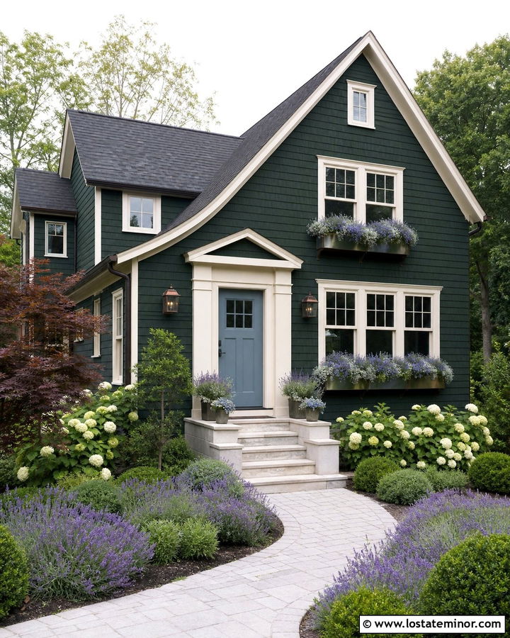Hunter Green House With Blue Door And Copper Window Boxes - 30 Hunter Green House Design With Window Boxes Ideas