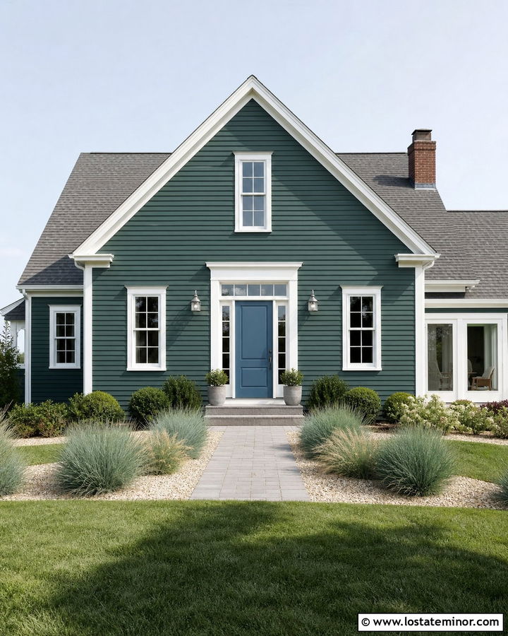 Hunter Green House With Blue Door And Nickel Lights - 30 Hunter Green House Design With Light Fixtures Ideas