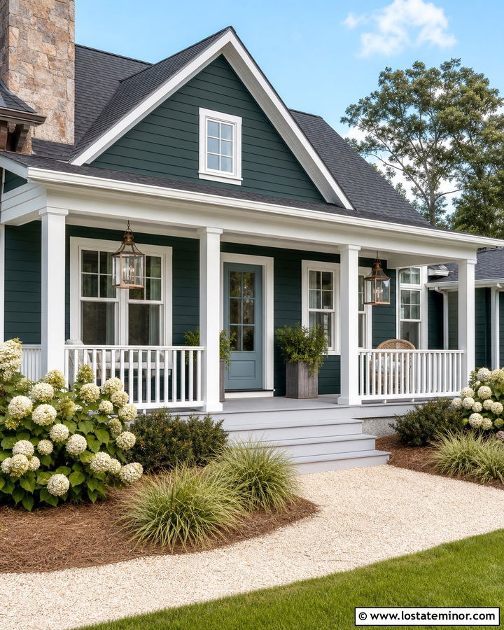 Hunter Green House With Blue Front Door - 30 Hunter Green House Design With Front Porch Ideas