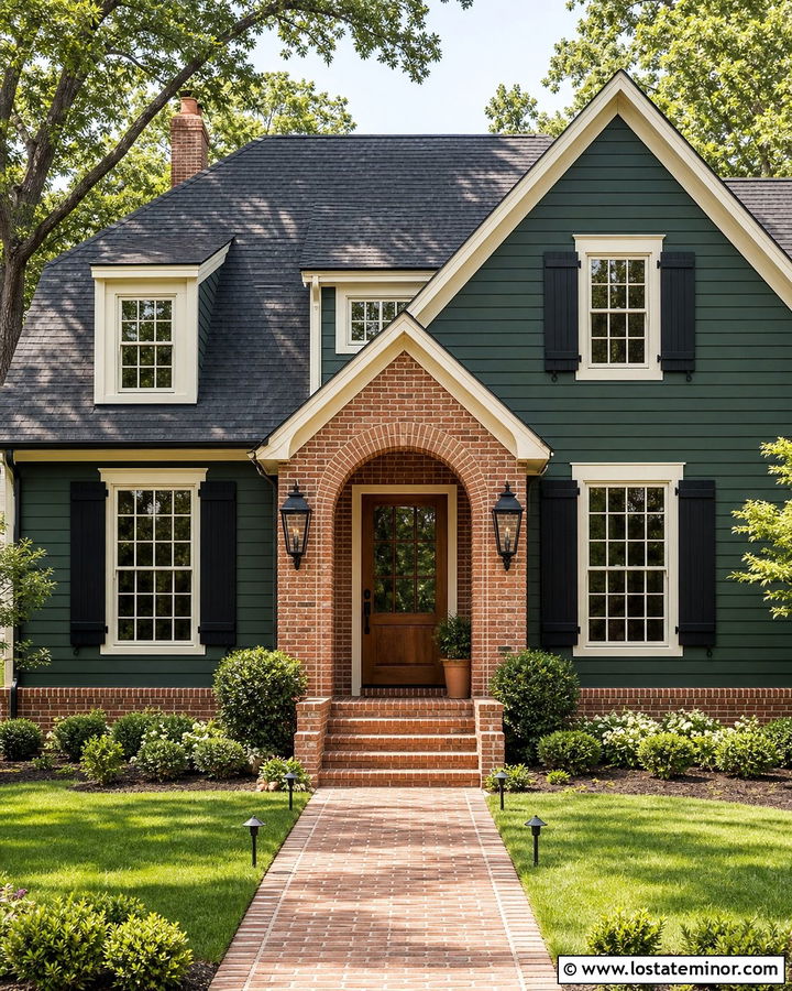 Hunter Green House With Brick Accents And Arch Lanterns - 30 Hunter Green House Design With Lighting Ideas