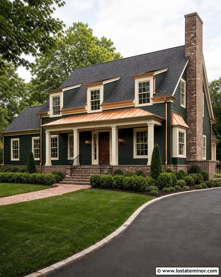 Hunter Green House With Brick And Copper - 30 Hunter Green House Design With Brick Accents Ideas