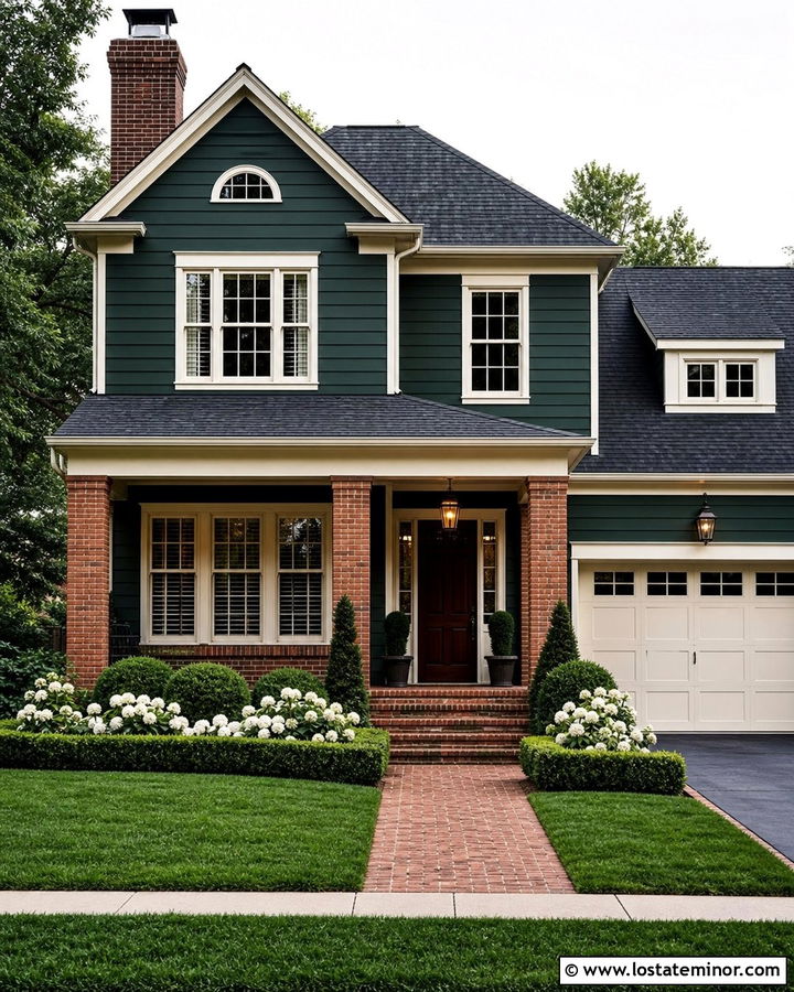 Hunter Green House With Brick And Cream Trim - 30 Hunter Green House Design With Brick Accents Ideas