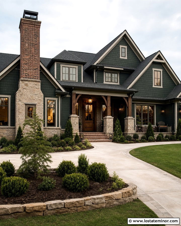 Hunter Green House With Brick And Stone - 30 Hunter Green House Design With Brick Accents Ideas