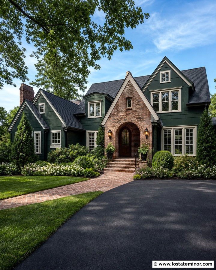 Hunter Green House With Brick Archway - 30 Hunter Green House Design With Brick Accents Ideas