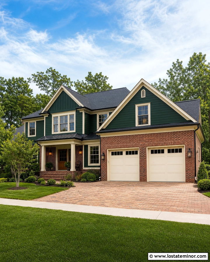 Hunter Green House With Brick Garage - 30 Hunter Green House Design With Brick Accents Ideas
