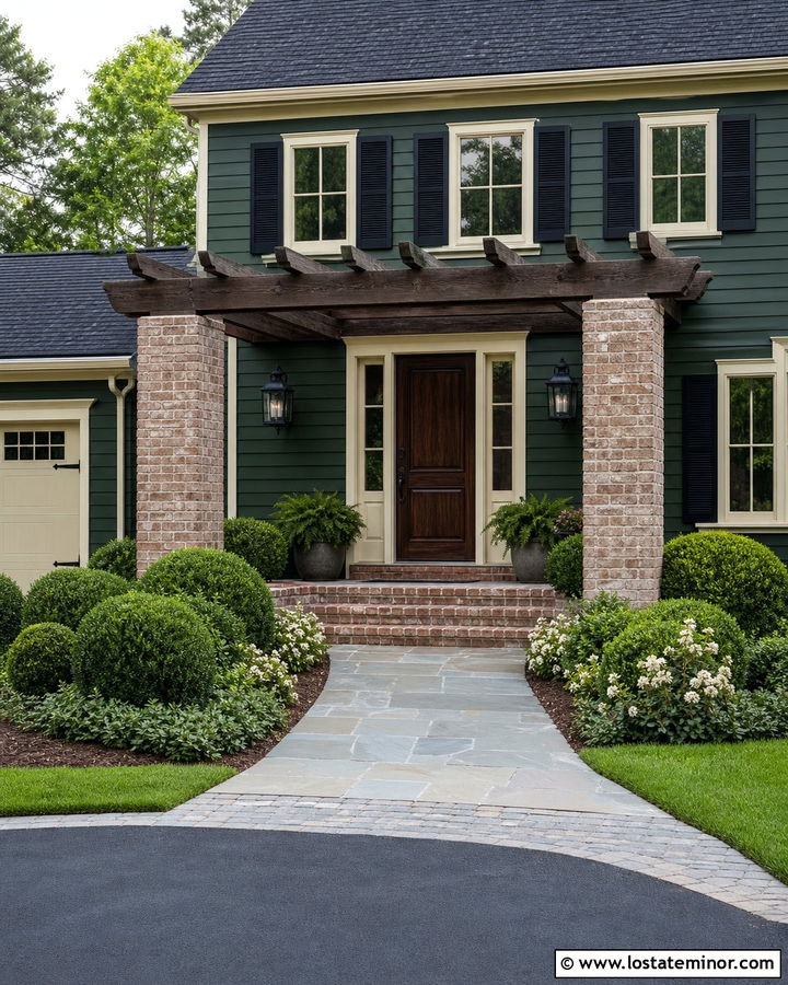 Hunter Green House With Brick Pergola Columns - 30 Hunter Green House Design With Pergola Ideas