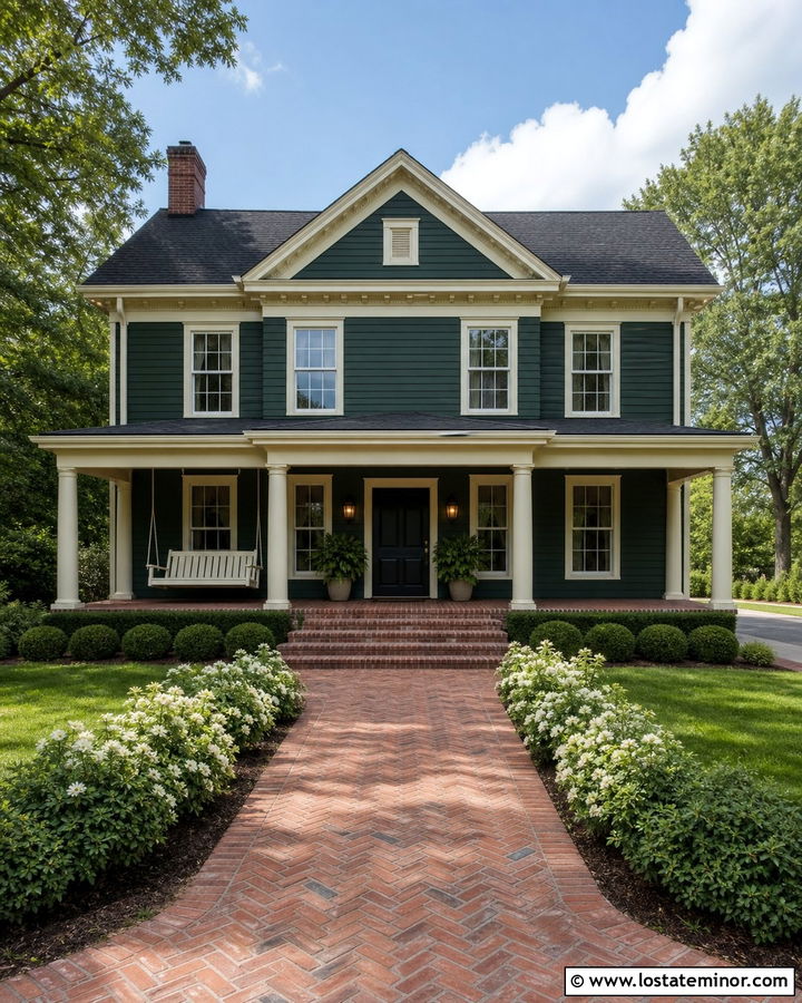 Hunter Green House With Brick Porch And Swing - 30 Hunter Green House Design With Swing Ideas