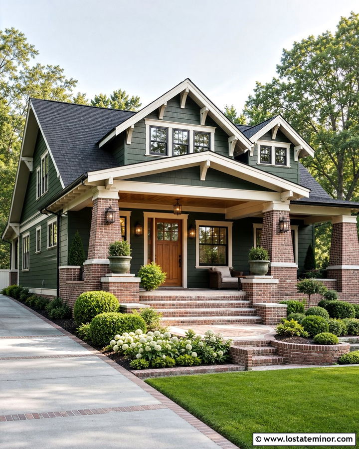 Hunter Green House With Brick Porch Columns - 30 Hunter Green House Design With Brick Accents Ideas