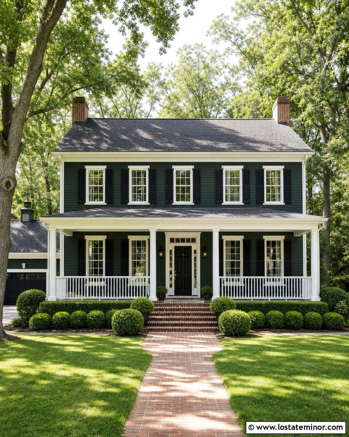 Hunter Green House With Brick Steps And White Railings - 30 Hunter Green House Design With Railings Ideas