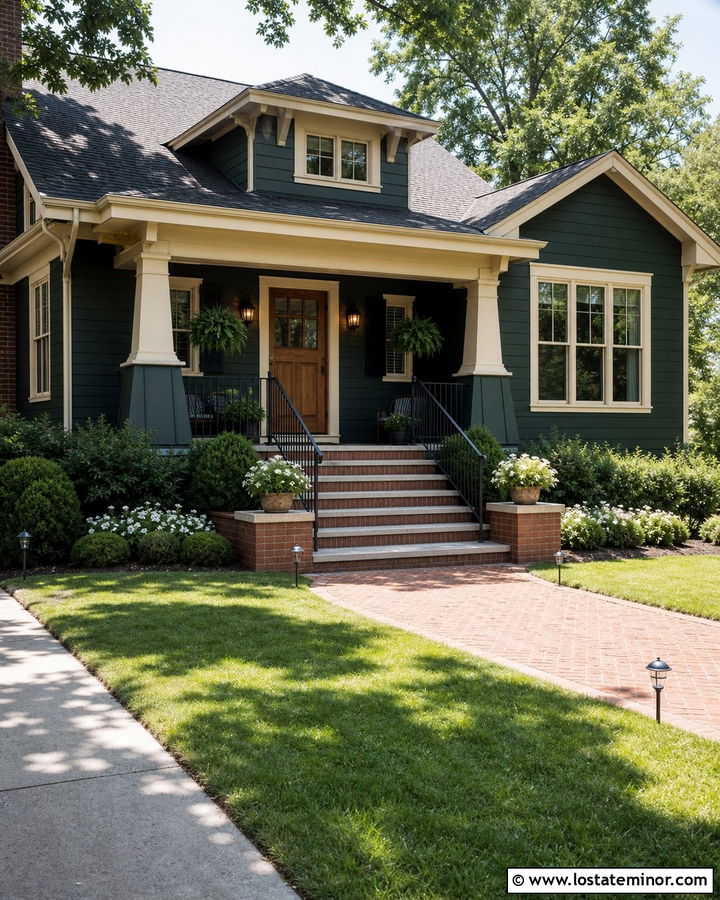 Hunter Green House With Brick Steps - 30 Hunter Green House Design With Brick Accents Ideas