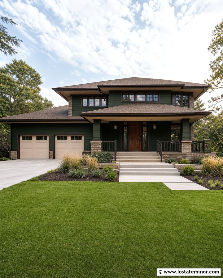 Hunter Green House With Bronze Trim And Cream Garage Door - 30 Hunter Green House Design With Trim Ideas