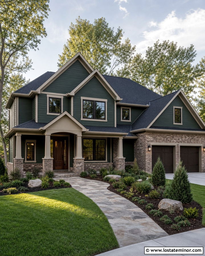 Hunter Green House With Brown Brick - 30 Hunter Green House Design With Brick Accents Ideas