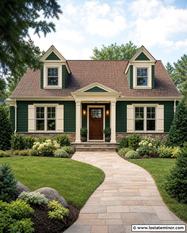 Hunter Green House With Brown Roof And Cream Shutters - 30 Hunter Green House Design With Shutters Ideas