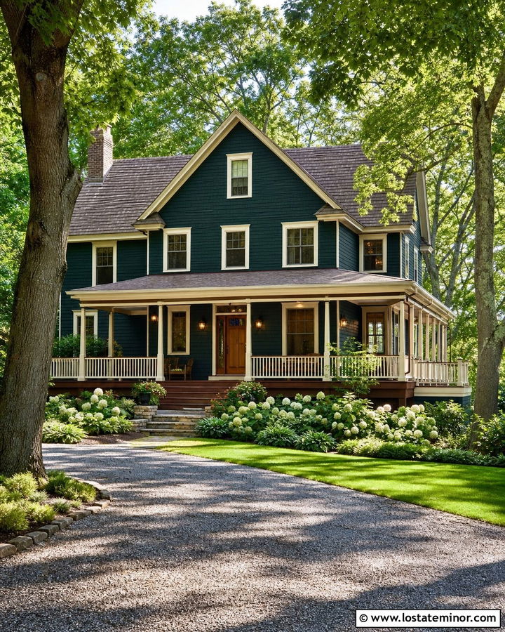 Hunter Green House With Brown Wraparound Deck - 30 Hunter Green House Design With Deck Ideas