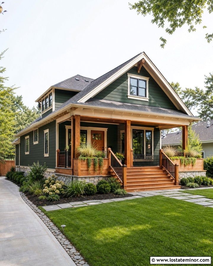 Hunter Green House With Built In Deck Planters - 30 Hunter Green House Design With Deck Ideas