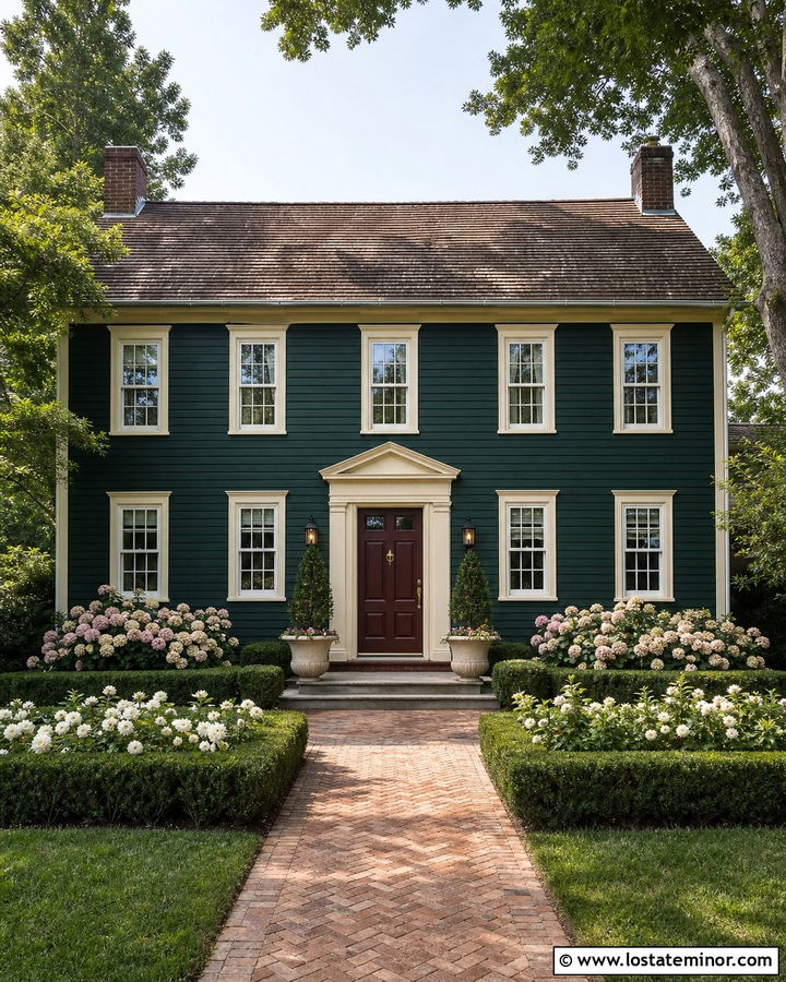 Hunter Green House With Burgundy Door And Formal Hedges - 30 Hunter Green House Design With Landscaping Ideas