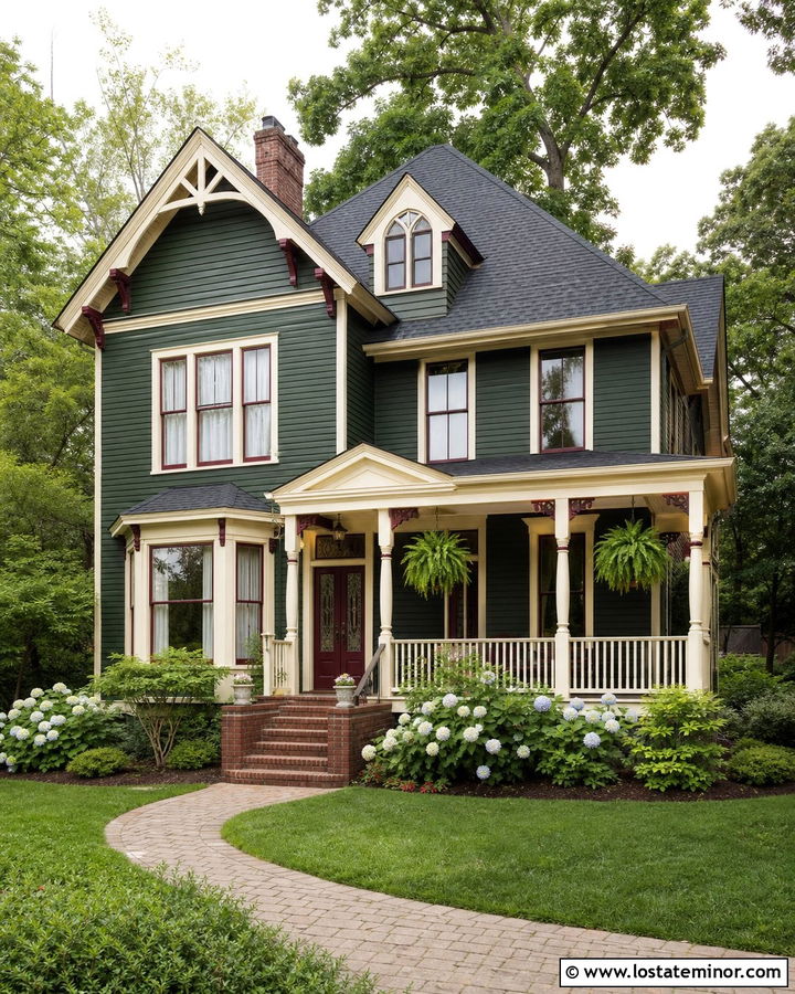 Hunter Green House With Burgundy Trim And Cream Porch - 30 Hunter Green House Design With Trim Ideas