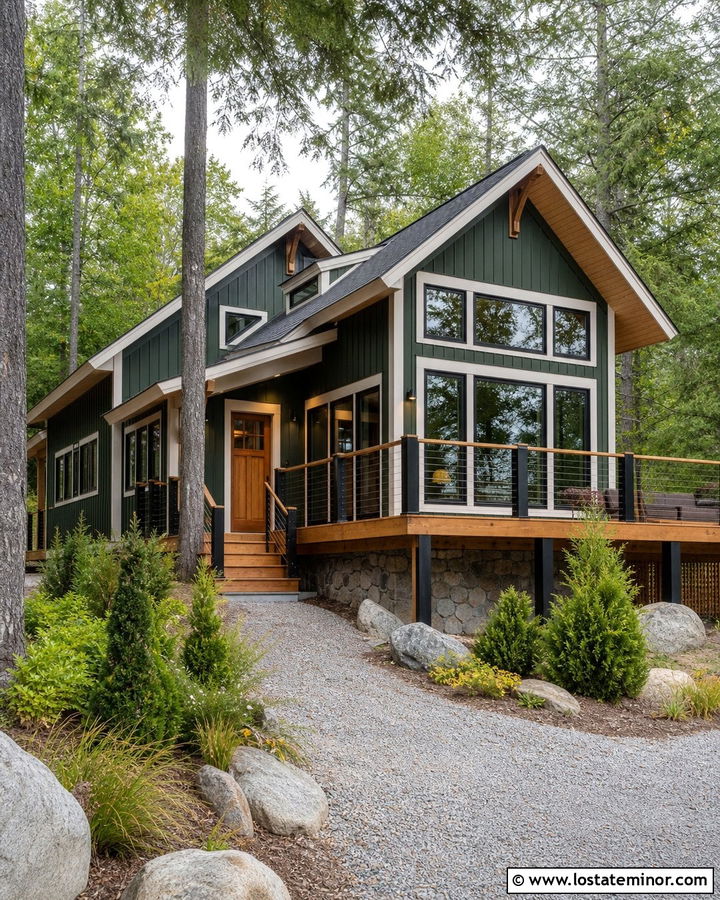 Hunter Green House With Cable Railing Deck - 30 Hunter Green House Design With Deck Ideas