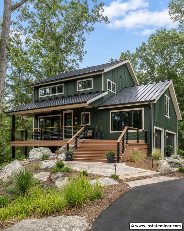 Hunter Green House With Cable Railings - 30 Hunter Green House Design With Railings Ideas