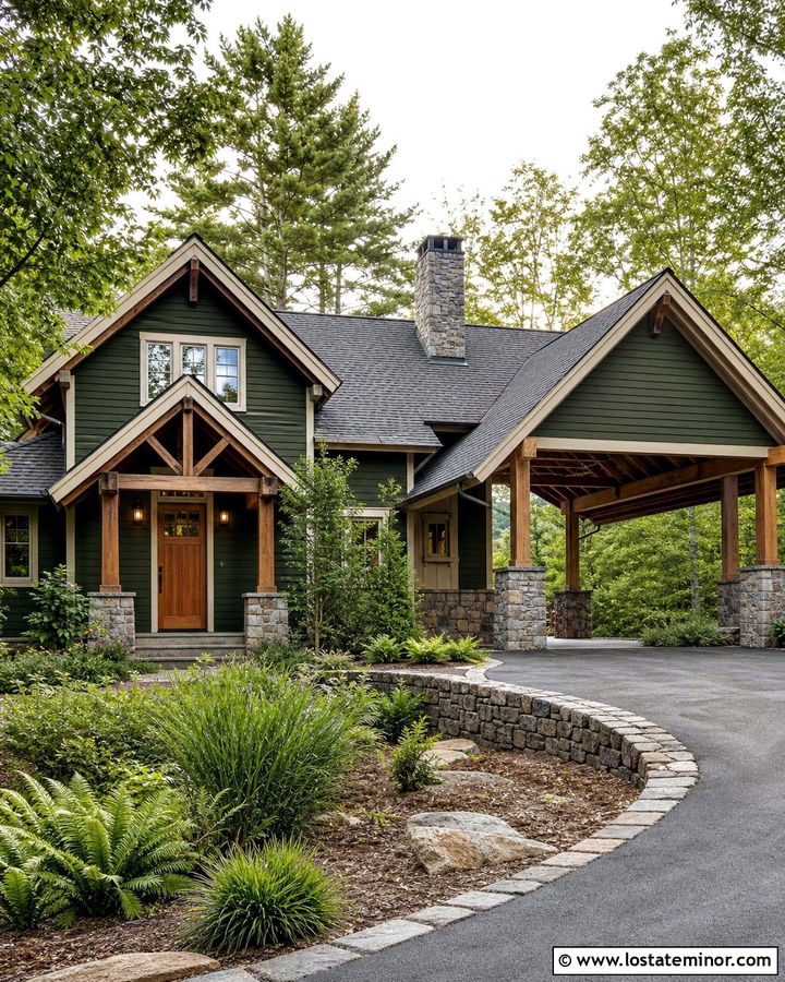 Hunter Green House With Carport And Stone Siding - 30 Hunter Green House Design With Carport Ideas