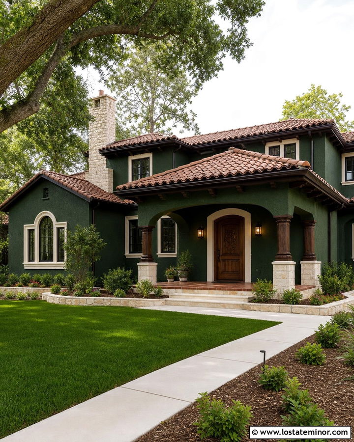 Hunter Green House With Carved Wood Entry Door - 30 Hunter Green House Design With Entry Door Ideas
