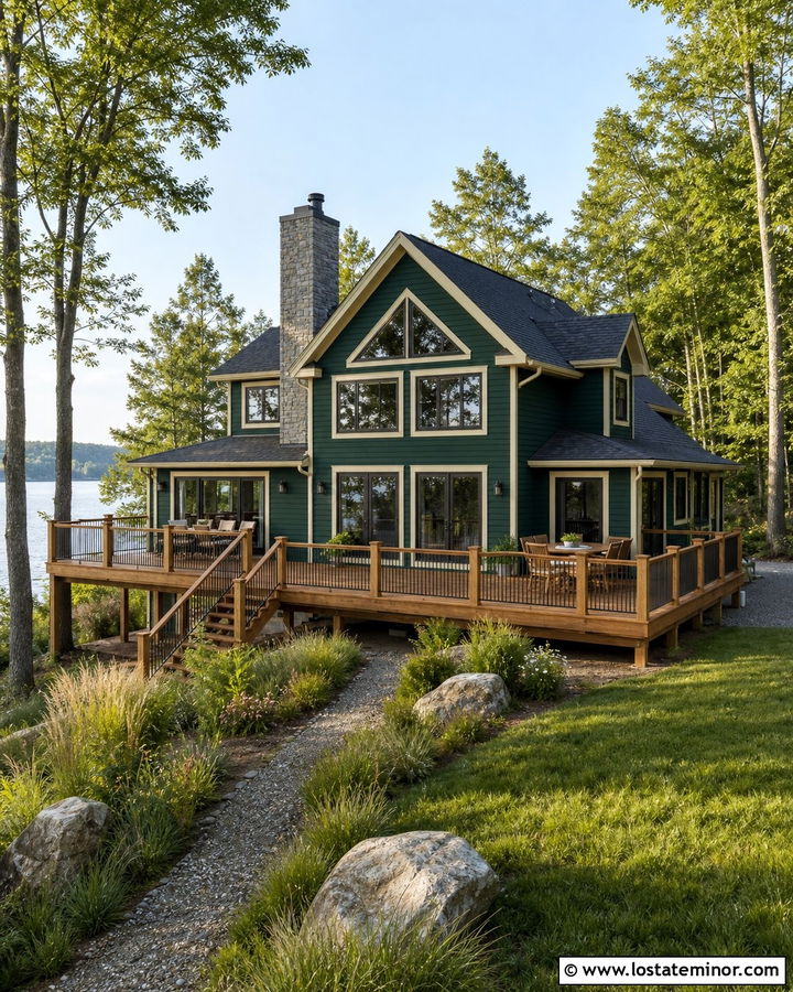 Hunter Green House With Cedar Deck Railings - 30 Hunter Green House Design With Railings Ideas