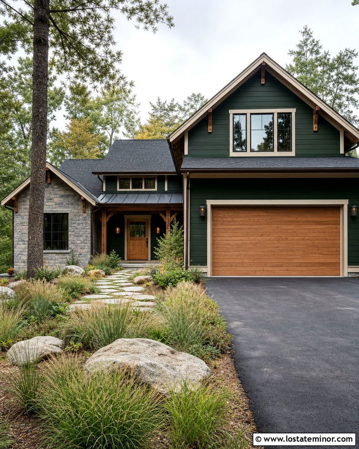 Hunter Green House With Cedar Garage Door - 30 Hunter Green House Design With Garage Door Ideas