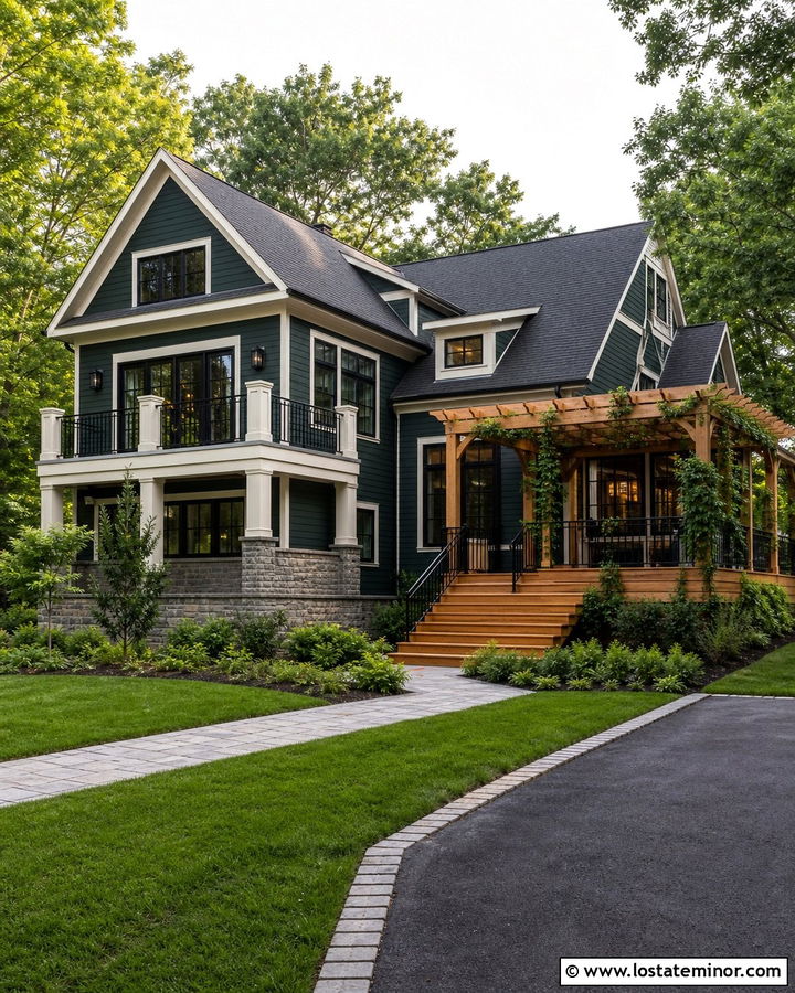 Hunter Green House With Cedar Pergola Deck - 30 Hunter Green House Design With Deck Ideas
