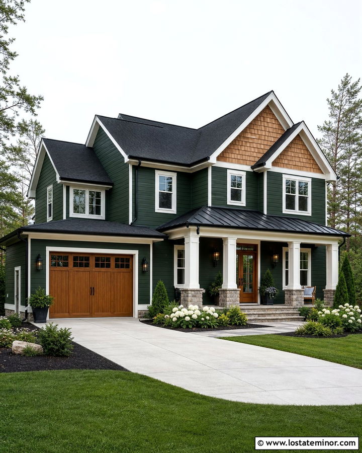 Hunter Green House With Cedar Shake And Black Roof - 30 Hunter Green House Design With Cedar Shake Ideas