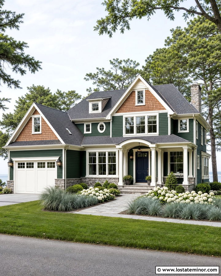 Hunter Green House With Cedar Shake And Navy Door - 30 Hunter Green House Design With Cedar Shake Ideas