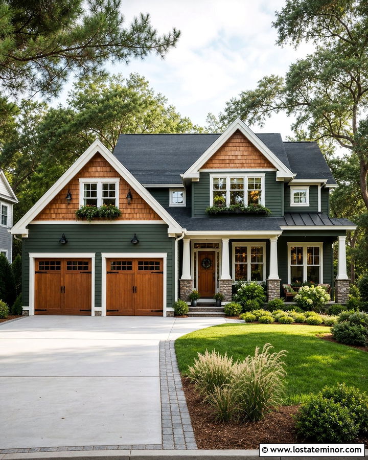Hunter Green House With Cedar Shake Garage Doors - 30 Hunter Green House Design With Cedar Shake Ideas