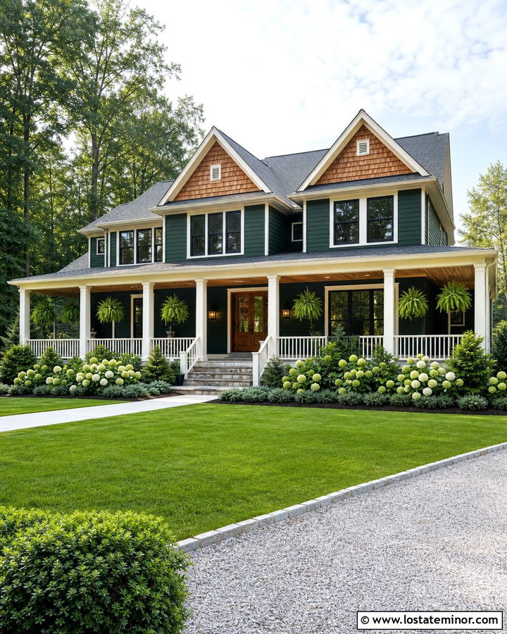 Hunter Green House With Cedar Shake Wraparound Porch - 30 Hunter Green House Design With Cedar Shake Ideas