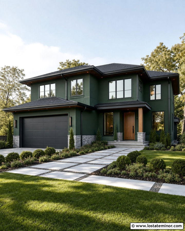 Hunter Green House With Charcoal Garage Door - 30 Hunter Green House Design With Garage Door Ideas
