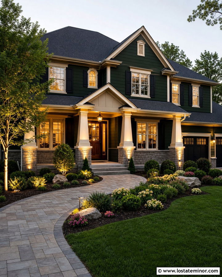 Hunter Green House With Charcoal Roof And Landscape Uplights - 30 Hunter Green House Design With Lighting Ideas
