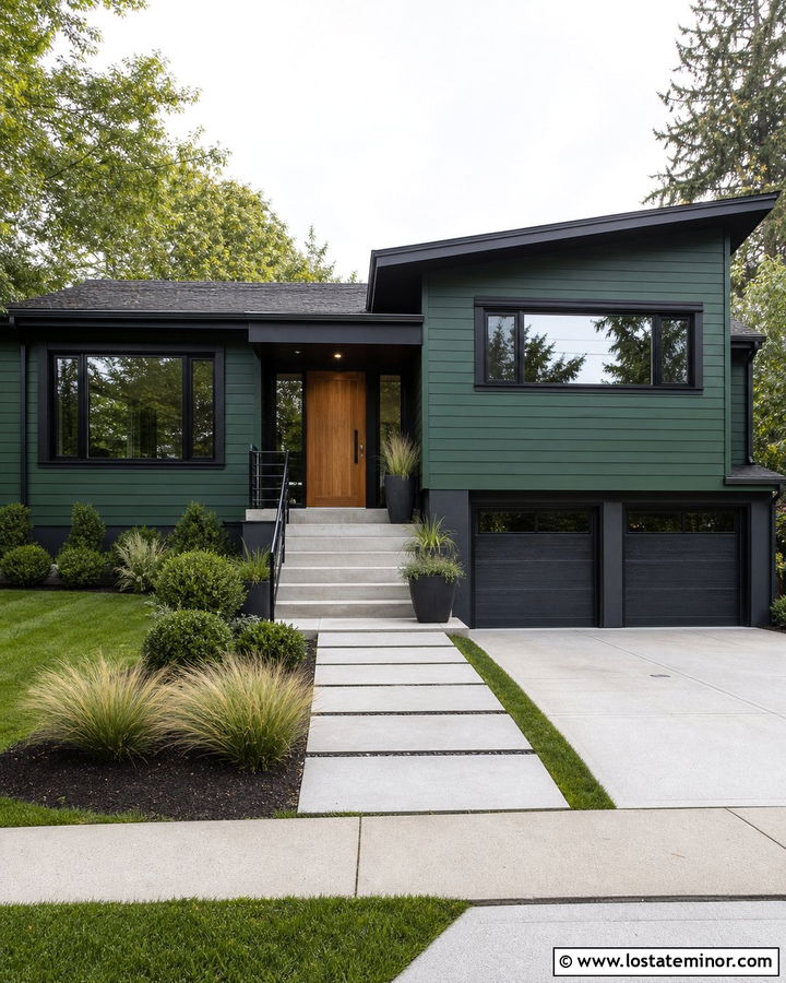 Hunter Green House With Charcoal Trim And Concrete Entry - 30 Hunter Green House Design With Trim Ideas