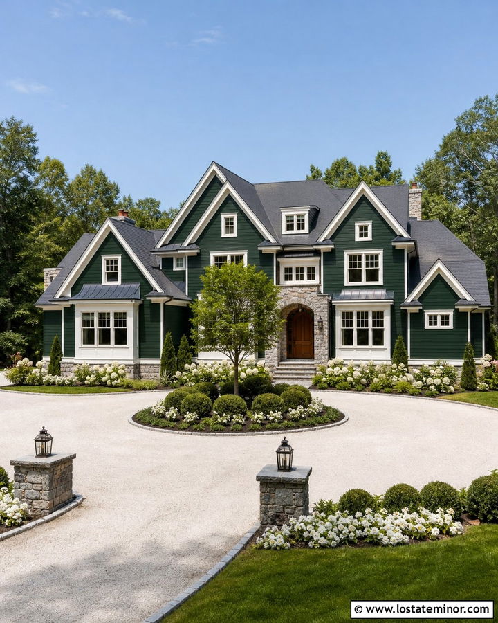 Hunter Green House With Circular Driveway - 30 Hunter Green House Design With Front Yard Ideas
