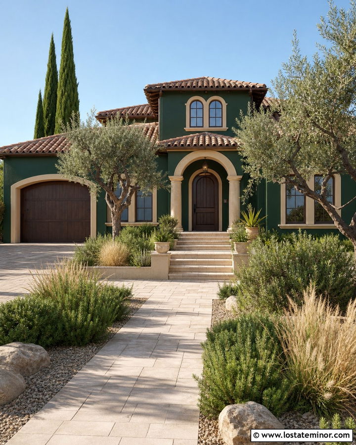 Hunter Green House With Clay Trim And Terracotta Roof - 30 Hunter Green House Design With Trim Ideas